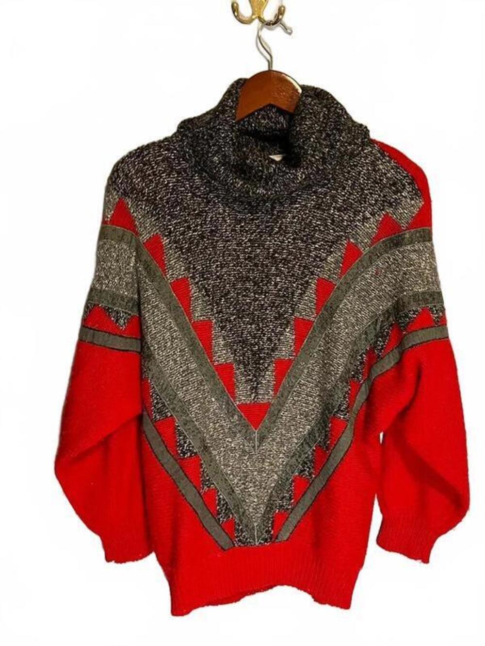 Vintage 80s wool blend red dolman turtleneck sweater retro geometric Medium